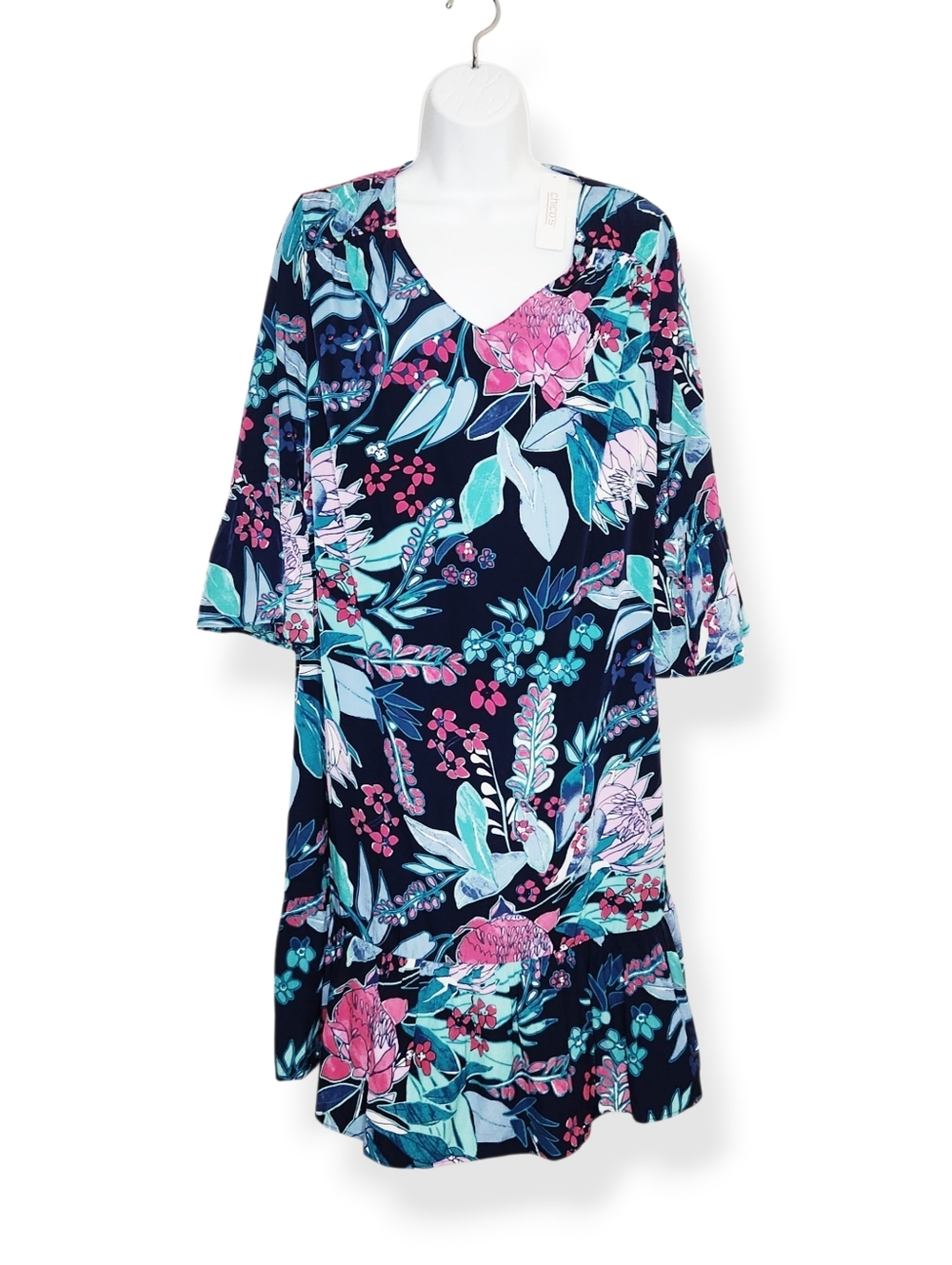 NWT Chico's Brilliant Blooms Flutter Sleeve Dress Size 1.5 Medium Blue Pink